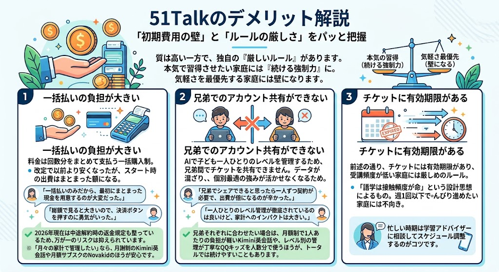 51Talkのデメリットは「初期費用の壁」と「ルールの厳しさ」