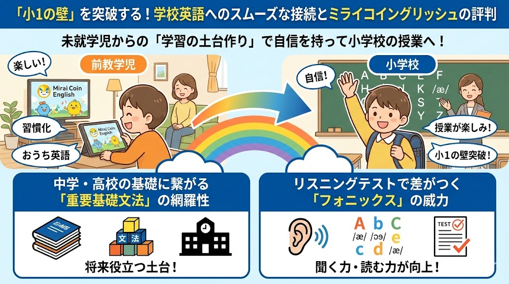 「小1の壁」を突破！学校英語へのスムーズな接続とミライコイングリッシュの評判