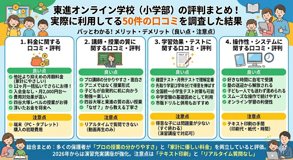 東進オンライン学校（小学部）の評判まとめ！実際に利用してる50件の口コミを調査した結果