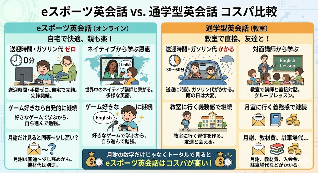 eスポーツ英会話の料金と送迎等のコスパ比較