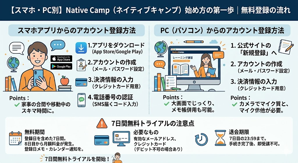 【スマホ・PC別】Native Camp（ネイティブキャンプ）始め方の第一歩｜無料登録の流れ