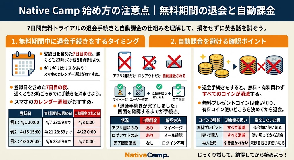 ネイティブキャンプの始め方で押さえる注意点｜無料期間の退会と自動課金