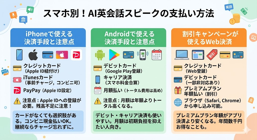 スマホ別！AI英会話スピークの支払い方法