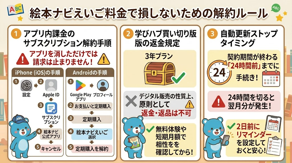 絵本ナビえいご料金で損しないための解約ルール