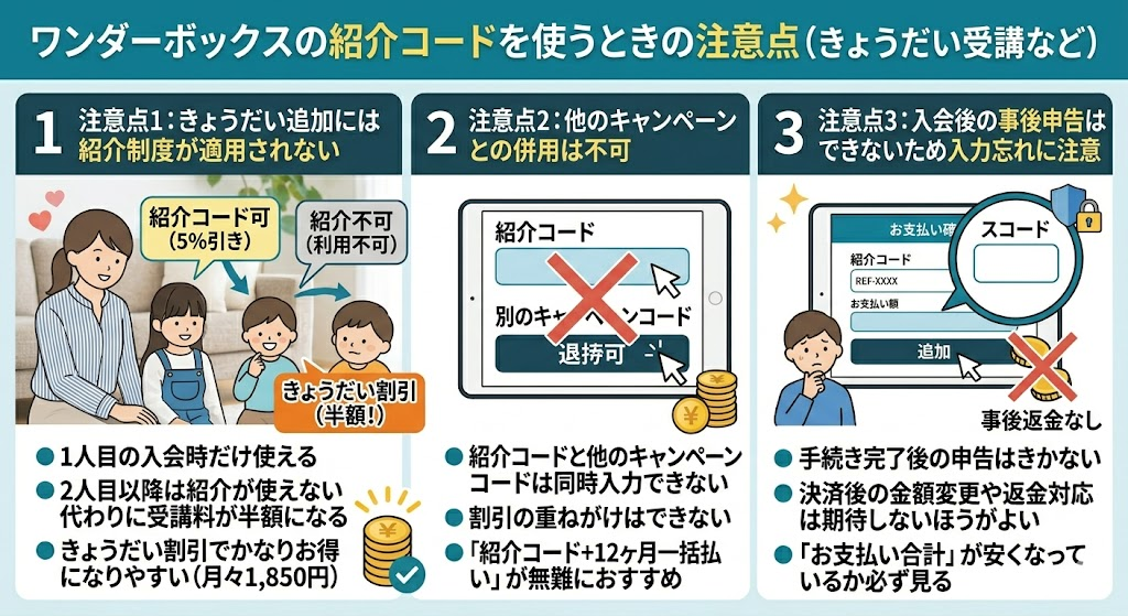 ワンダーボックスの紹介コードを使うときの注意点（きょうだい受講など）