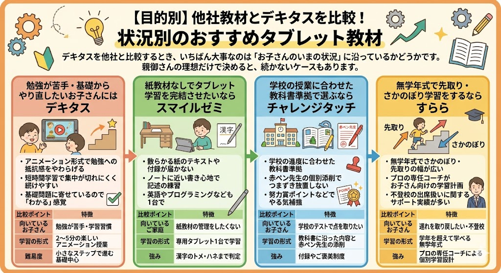 【目的別】他社教材とデキタスを比較！状況別のおすすめタブレット教材