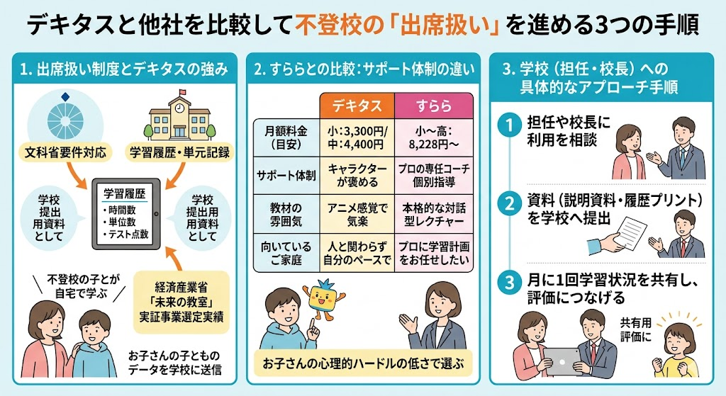 デキタスと他社を比較して不登校の「出席扱い」を進める3つの手順