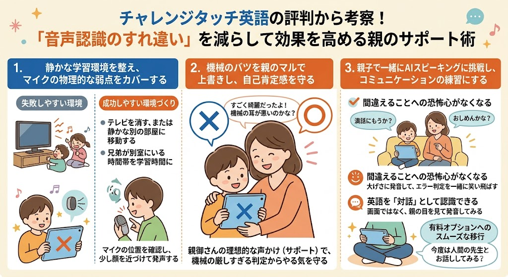 チャレンジタッチ英語の評判から考察！「音声認識のすれ違い」を減らして効果を高める親のサポート術