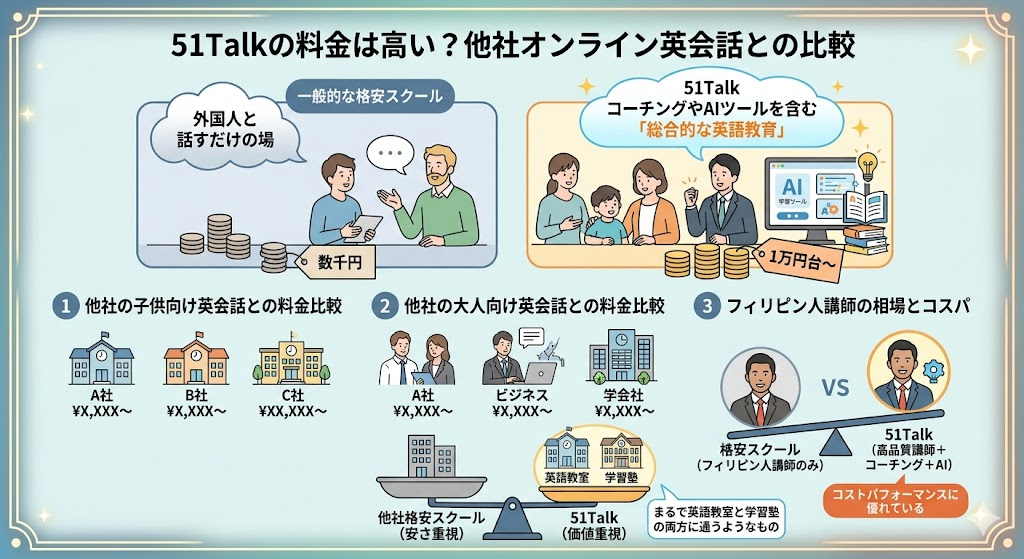 51Talkの料金は高い？他社オンライン英会話との比較
