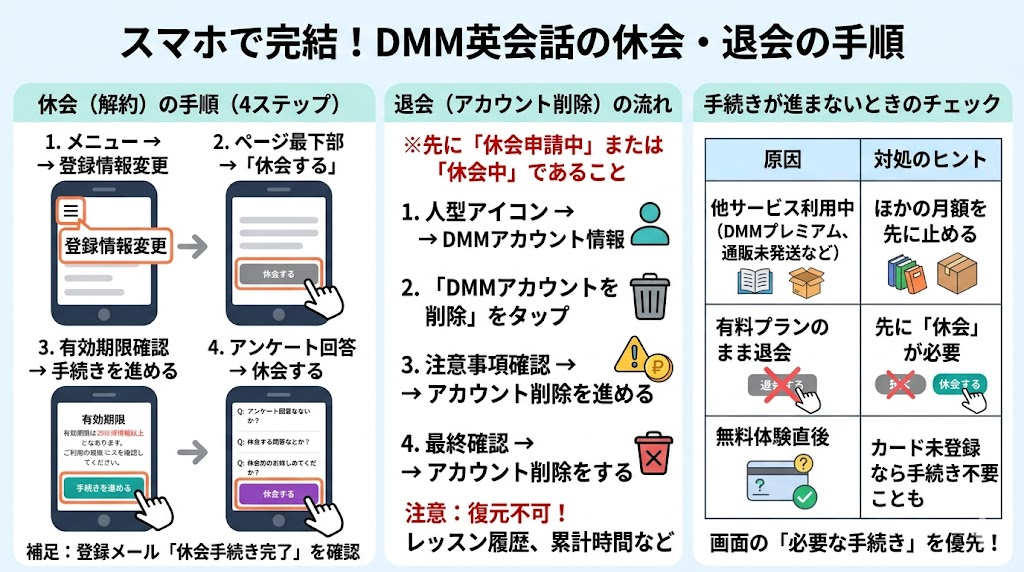スマホで完結するDMM英会話の休会・退会の手順