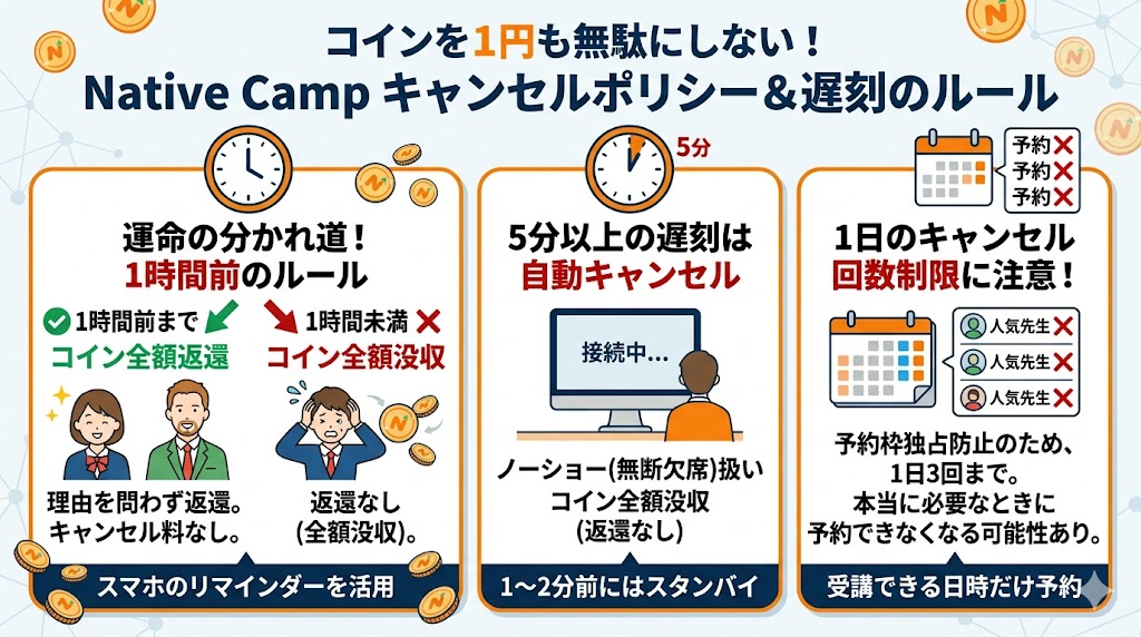 コインを1円も無駄にしない!キャンセルポリシーと遅刻のルール