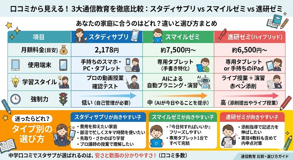 他の通信教育（スマイルゼミ・進研ゼミ）とスタディサプリの口コミ比較