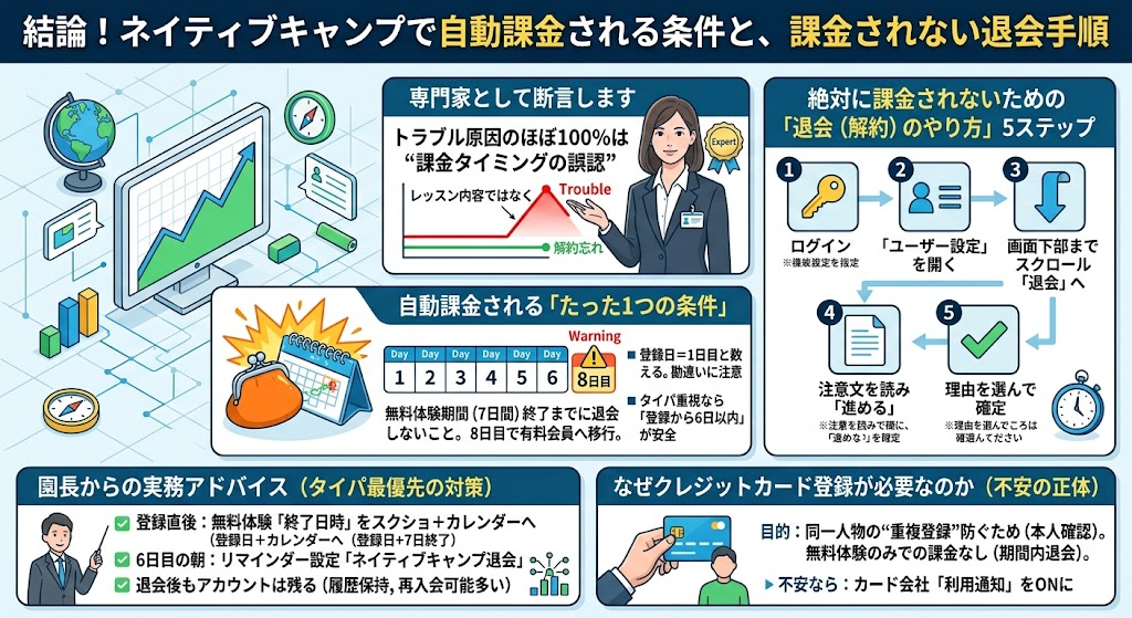結論！ネイティブキャンプで自動課金される条件と、課金されない退会手順