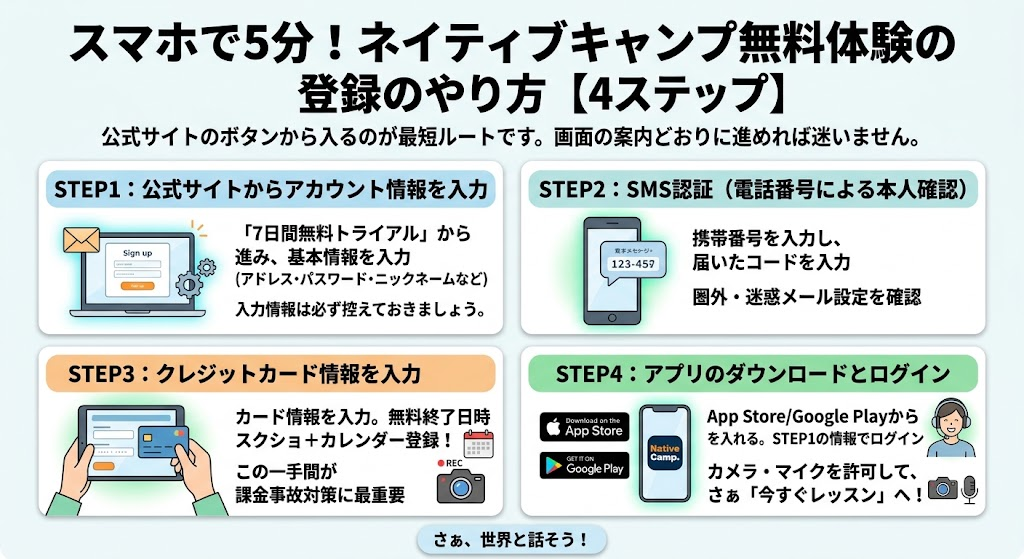 スマホで5分！ネイティブキャンプ無料体験の登録のやり方【4ステップ】