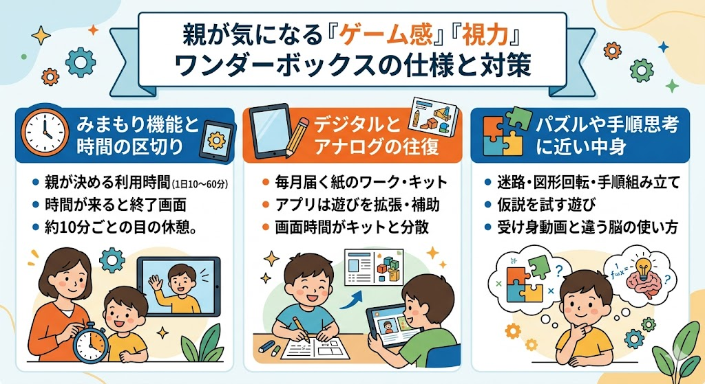 親が気にしやすい「ゲーム感」「視力」、ワンダーボックスの口コミと仕様の両方から