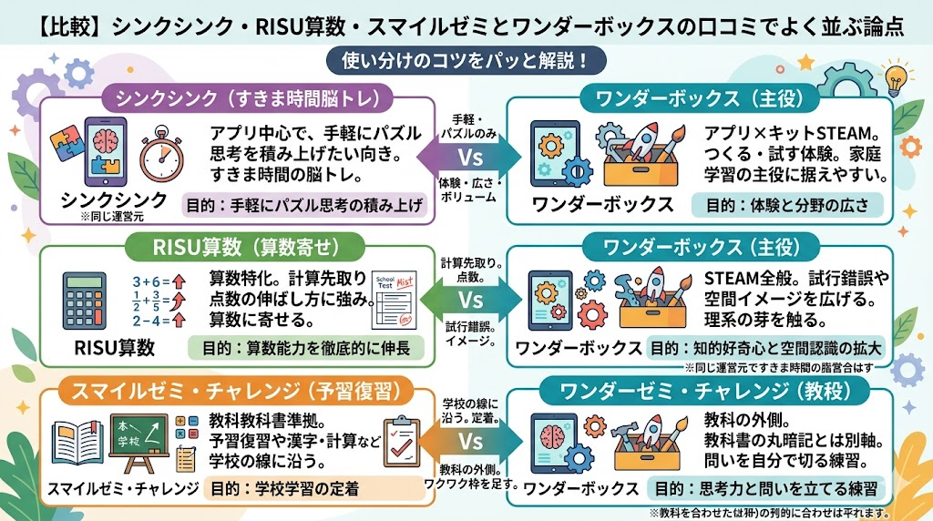 【比較】シンクシンク・RISU算数・スマイルゼミとワンダーボックスの口コミでよく並ぶ論点