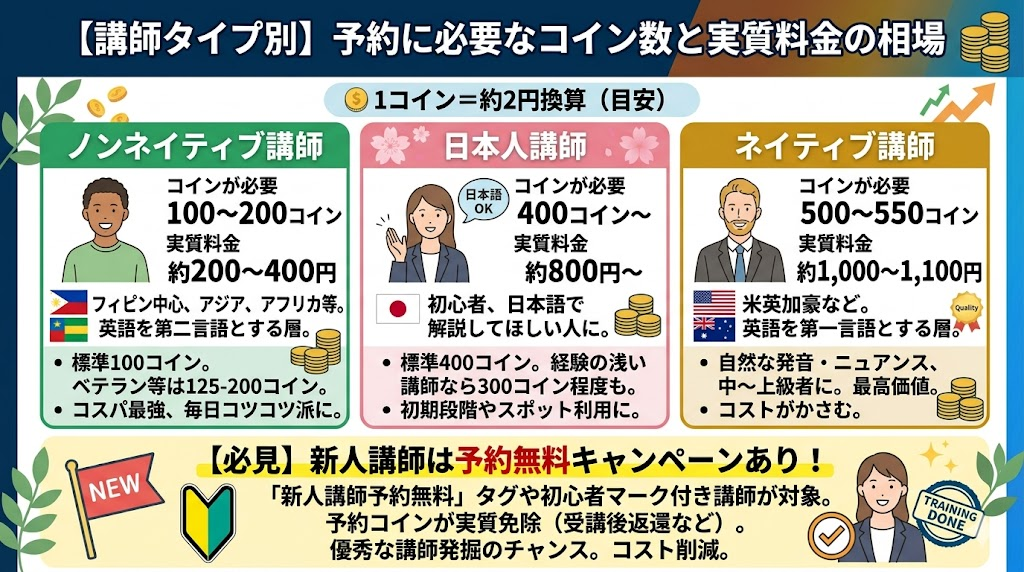 【講師タイプ別】予約に必要なコイン数と実質料金の目安
