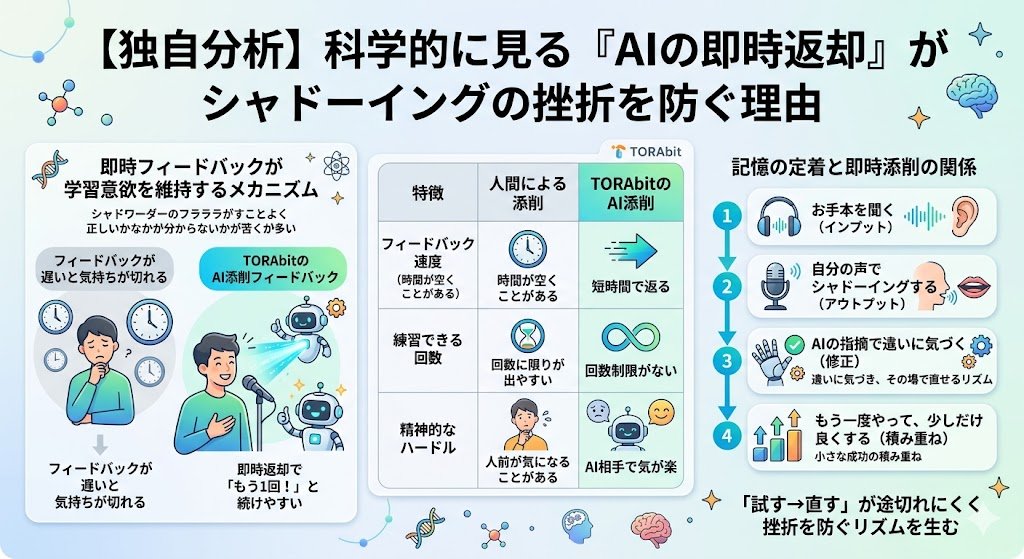 【独自分析】科学的に見る『AIの即時返却』がシャドーイングの挫折を防ぐ理由