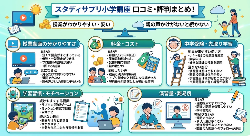 スタディサプリ小学講座の口コミ評判まとめ！利用者20件の声を調べた結果